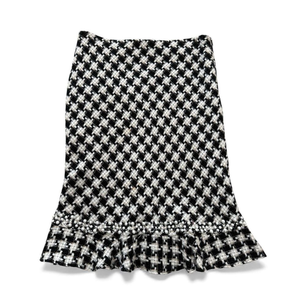 I.C.E Houndstooth‎ Fishtail Skirt Black White Beaded Pearl Trim Lined Y2K Size 8